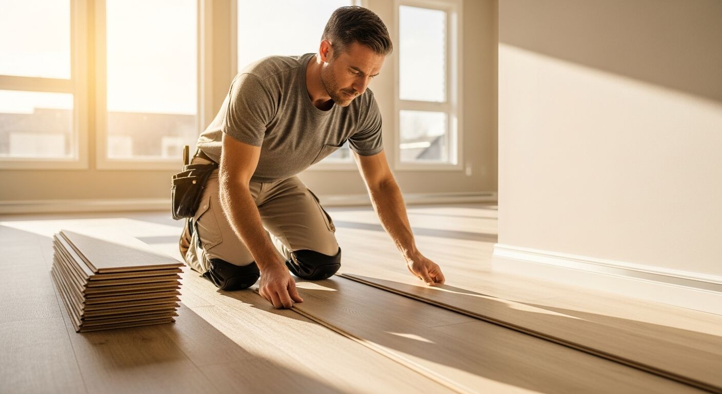 Flooring installer laying luxury vinyl plank flooring matched through FloorConnect
