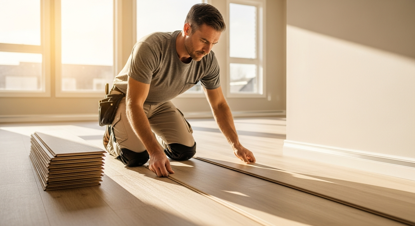 FloorConnect marketplace matching flooring stores with reliable independent installers laying luxury vinyl plank and hardwood floors
